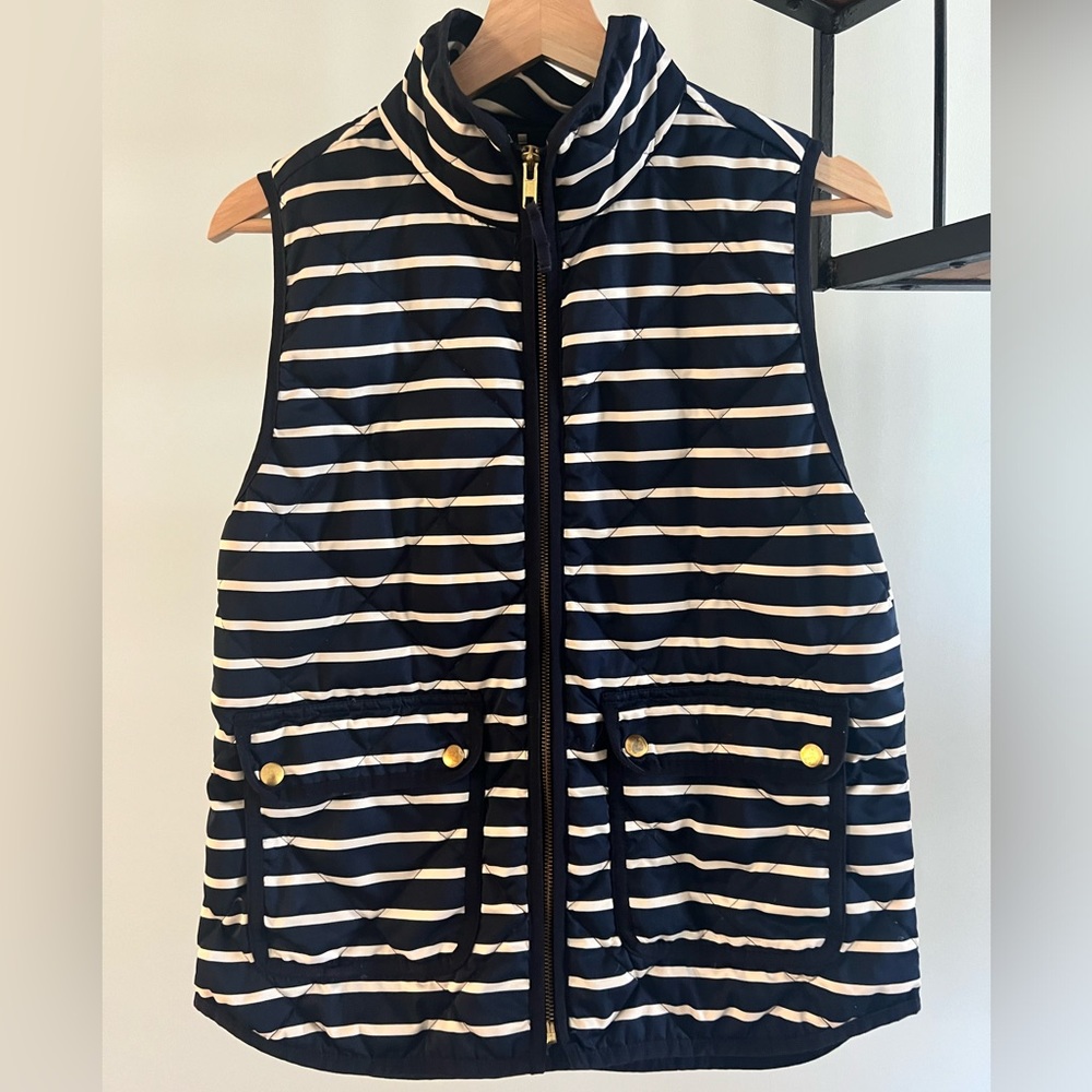 J. Crew women's quilted puffer vest- navy & white stripe